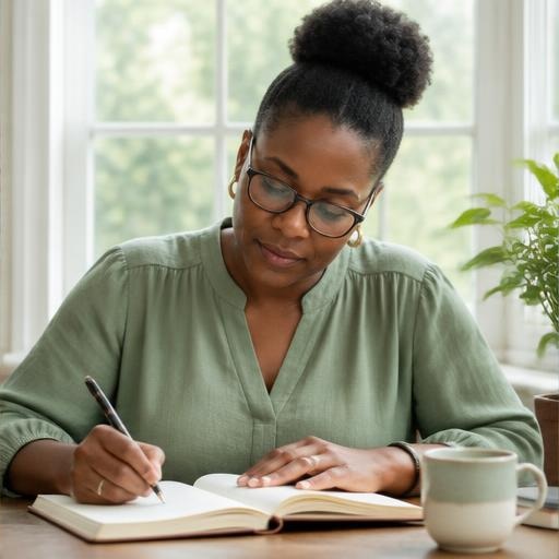 A Black professional woman writing in her journal