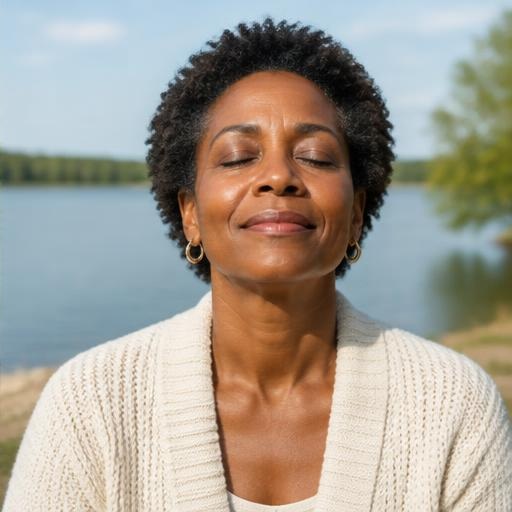 A Black woman enjoying a peaceful moment beside a lake